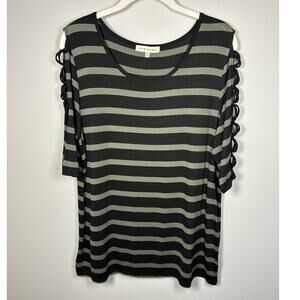 Retrology Black & Green Striped Criss Cross Half Sleeve Top Women's Medium